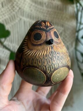 Vintage Carved Owl Gourd Rattle Folk Art Bird Percussion Instrument Boho Decor